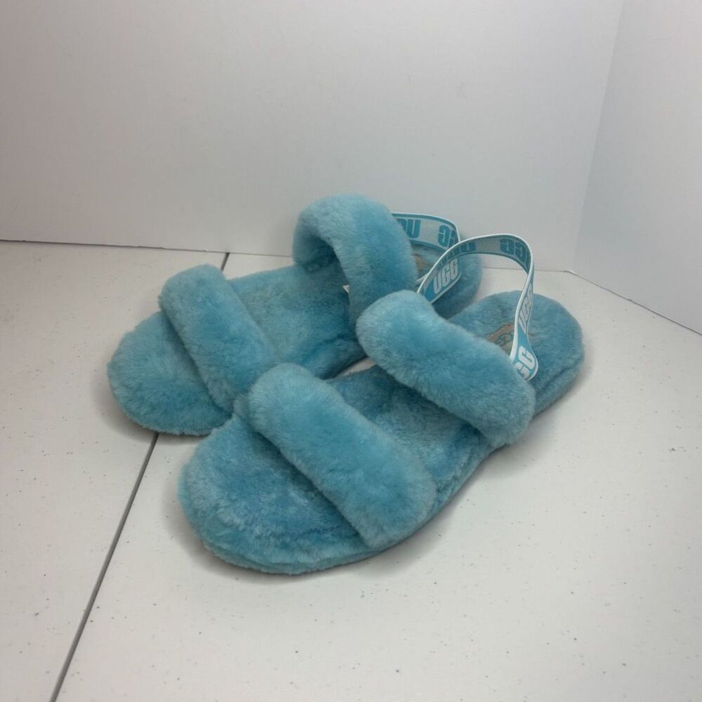 Ugg Oh Yeah Fluff Aqua Blue Slingback Slides Slippers Sandal Comfy Womens